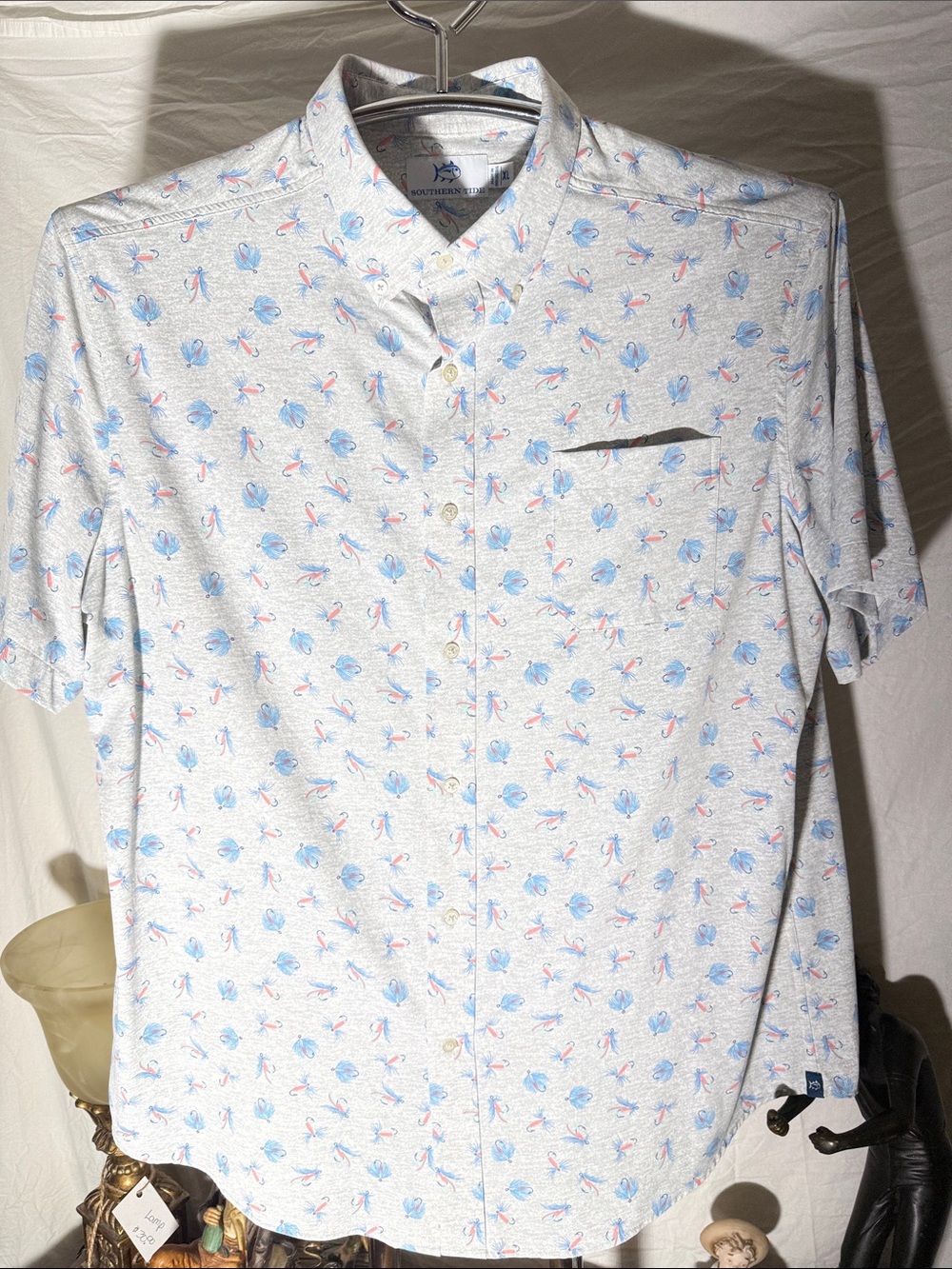 Southern Tide White Short-Sleeve Button-Down with Blue and Pink Floral Motif